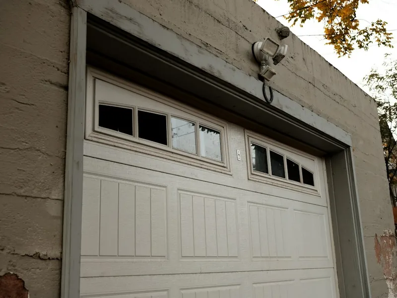 Close-up of a white sectional garage door with windows for cable and roller repair